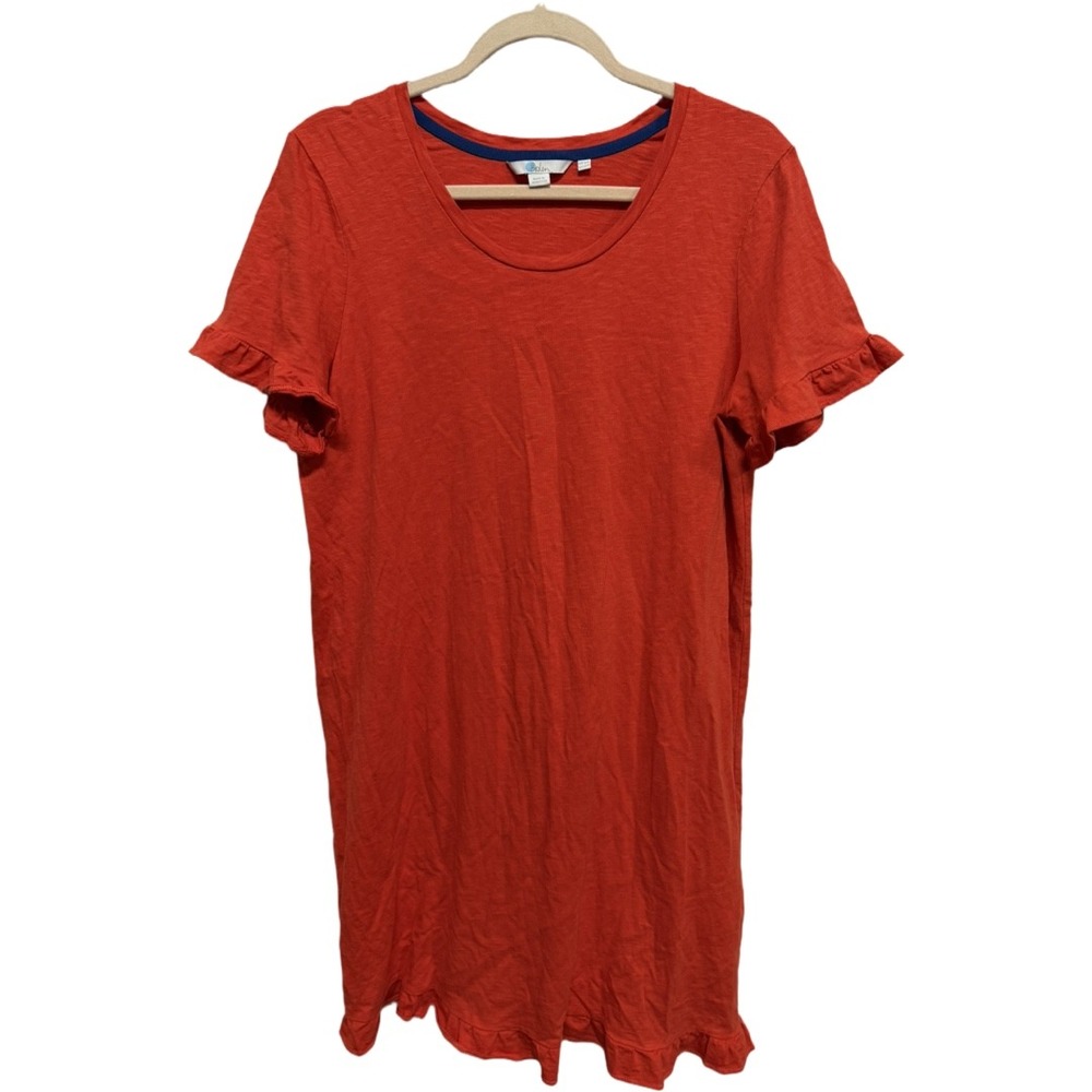 Boden Women's Red Orange Ruffle Sleeve T-Shirt Dress Size 12 Cotton Midi